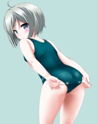 Rule 34 | 1girl, adjusting clothes, adjusting swimsuit, ahoge, ass, bare arms, bare shoulders, blue eyes, blush, closed mouth, commentary request, fingernails, green background, green one-piece swimsuit, grey hair, hair between eyes, highres, kaze makase, leaning forward, looking at viewer, looking back, one-piece swimsuit, original, school swimsuit, short hair, simple background, solo, swimsuit