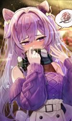 1girl averting_eyes bare_shoulders belt blush cone_hair_bun covering_own_mouth double_bun genshin_impact hair_bun hands_up highres keqing_(genshin_impact) keqing_(lantern_rite)_(genshin_impact) long_hair long_sleeves off_shoulder official_alternate_costume pink_eyes purple_hair scarf skirt solo striped_clothes striped_scarf touji_(tozi526) twintails white_belt white_skirt