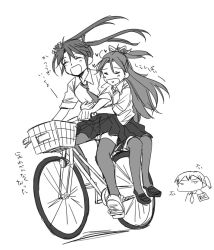 Rule 34 | 10s, 3girls, alternate costume, anger vein, bicycle, blush, closed eyes, collared shirt, greyscale, hair between eyes, heart, hug, hug from behind, kaga (kancolle), kantai collection, katsuragi (kancolle), loafers, long hair, monochrome, multiple girls, multiple riders, necktie, partially translated, pleated skirt, sanpachishiki (gyokusai-jima), school uniform, shirt, shoes, side ponytail, sidesaddle, simple background, skirt, sleeves rolled up, smile, sweater vest, thighhighs, translation request, twintails, white background, zuikaku (kancolle)
