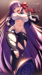 Rule 34 | 1girl, :d, bb (fate), bb (fate/extra), belt, breasts, cleavage, cluseller, fate/extra, fate/extra ccc, fate (series), from below, gloves, hair ribbon, long hair, looking at viewer, navel, open mouth, panties, pants, purple eyes, purple hair, red ribbon, ribbon, sharp teeth, smile, solo, teeth, tongue, torn clothes, torn pants, underwear, very long hair, white gloves, white panties