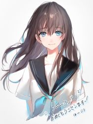 Rule 34 | 1girl, bad id, bad twitter id, black sailor collar, blue eyes, blue neckerchief, brown hair, closed mouth, commentary request, hoojiro, long hair, looking at viewer, neckerchief, original, sailor collar, school uniform, serafuku, shirt, short sleeves, signature, simple background, smile, solo, translation request, upper body, white background, white shirt