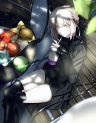 Rule 34 | 1girl, absurdres, artoria pendragon (all), artoria pendragon (fate), bench, black bow, black coat, black footwear, black shirt, black shorts, boots, bow, braid, braided bun, burger, coat, crossed legs, dappled sunlight, drinking, drinking straw, fate/stay night, fate (series), foo (pixiv54892036), food, from above, hair bow, hair bun, highres, holding, long sleeves, official alternate costume, open clothes, open coat, saber alter, saber alter (ver. shinjuku 1999) (fate), shirt, short hair, short shorts, shorts, silver hair, sitting, solo, sunlight, thigh boots, thighhighs