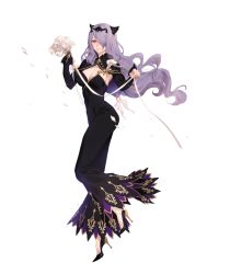 Rule 34 | 1girl, alternate costume, bad id, bad twitter id, breasts, camilla (fire emblem), cleavage, dress, fajyobore, fire emblem, fire emblem fates, full body, hair over one eye, large breasts, lips, long hair, looking at viewer, nintendo, purple eyes, purple hair, simple background, solo, standing, standing on one leg, very long hair, wavy hair, white background