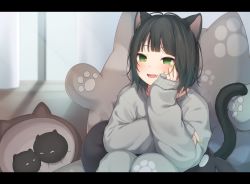 Rule 34 | 1girl, :d, amashiro natsuki, animal ear fluff, animal ears, bad id, bad twitter id, black hair, blurry, blurry background, blush, cat ears, cat girl, cat tail, commentary, curtains, depth of field, fang, green eyes, green nails, grey pants, grey sweater, hand up, highres, indoors, letterboxed, long sleeves, mole, mole under eye, nail polish, open mouth, original, pants, sitting, sleeves past wrists, smile, solo, sweater, symbol-only commentary, tail, window