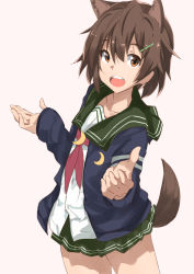 Rule 34 | 1girl, animal ear fluff, animal ears, bad id, bad pixiv id, beige background, blue jacket, brave witches, brown eyes, brown hair, commentary request, cosplay, cowboy shot, crescent, crescent pin, dog ears, dog tail, green sailor collar, green skirt, hair ornament, hairclip, jacket, kantai collection, karibuchi hikari, mutsuki (kancolle), mutsuki (kancolle) (cosplay), neckerchief, open mouth, pleated skirt, red neckerchief, round teeth, sailor collar, school uniform, serafuku, shino (ten-m), short hair, simple background, skirt, smile, solo, tail, teeth, upper teeth only, world witches series