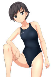 Rule 34 | 1girl, absurdres, black eyes, black hair, black one-piece swimsuit, competition swimsuit, flat chest, gluteal fold, highres, leg up, looking at viewer, mizuno (brand), one-piece swimsuit, original, parted lips, short hair, simple background, solo, swimsuit, takafumi, white background