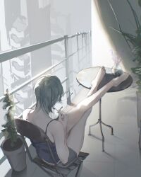 Rule 34 | 1girl, absurdres, balcony, black camisole, black hair, camisole, chainsaw man, cigarette, crossed legs, from behind, highres, himeno (chainsaw man), holding, holding cigarette, legs on table, looking down, nenem (kimnenemmm art), plant, potted plant, railing, short hair, smoking pipe, solo
