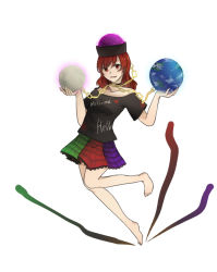 Rule 34 | 1girl, :d, bare legs, barefoot, brown hair, chain, clothes writing, collar, frilled skirt, frills, hat, hecatia lapislazuli, miniskirt, multicolored clothes, multicolored skirt, nyula xiaola, off-shoulder shirt, off shoulder, open mouth, orb, red eyes, red hair, shirt, short hair, simple background, skirt, smile, solo, t-shirt, touhou