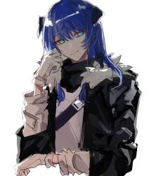 Rule 34 | 1girl, absurdres, arknights, black jacket, blue hair, closed mouth, commentary request, demon horns, fur-trimmed jacket, fur trim, gloves, hair between eyes, head rest, highres, hirako daishougun, horns, jacket, long hair, long sleeves, looking at viewer, mostima (arknights), shirt, simple background, solo, upper body, white background, white gloves, white shirt