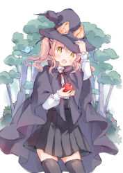 Rule 34 | 1girl, :d, animal, animal ear fluff, animal ears, apple, arm up, bird, black cloak, black hat, black skirt, black thighhighs, bluebird, blush, brown eyes, cloak, commentary request, ears through headwear, fang, food, fruit, hair between eyes, hair ribbon, hand on headwear, hat, holding, holding food, holding fruit, long sleeves, looking at viewer, open mouth, original, pink hair, pleated skirt, red apple, red ribbon, ribbon, shirt, skirt, smile, solo, standing, thighhighs, tree, twintails, wataame27, white shirt, witch, witch hat, wolf-chan (wataame27), wolf ears