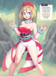 Rule 34 | 1girl, arm wrap, bare legs, blonde hair, blue eyes, breasts, cleavage, creatures (company), duplicate, game freak, hairband, irida (pokemon), jewelry, knees, medium breasts, neck ring, nintendo, pixel-perfect duplicate, pokemon, pokemon legends: arceus, red hairband, red shirt, shirt, short hair, short shorts, shorts, solo, strapless, strapless shirt, supersatanson, thick thighs, thighs, waist cape, white shorts