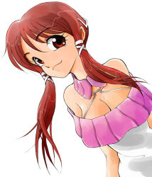 Rule 34 | 1girl, bare shoulders, breasts, cleavage, dress, dutch angle, eyelashes, hair between eyes, hair ornament, hair tubes, hairclip, halterneck, hikari to mizu no daphne, large breasts, long hair, looking at viewer, mizuki maia, off shoulder, red eyes, red hair, simple background, smile, solo, turtleneck, twintails, upper body, white background