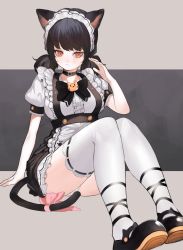 Rule 34 | 1girl, animal ears, apron, black background, black bow, black bowtie, black choker, black footwear, black hair, blush, bow, bowtie, breasts, brown background, brown eyes, cat ears, cat tail, choker, dress, hand up, heoningu, highres, knees up, looking down, maid, maid apron, maid headdress, medium breasts, original, panties, pantyshot, puffy short sleeves, puffy sleeves, ribbon-trimmed legwear, ribbon trim, shoes, short dress, short hair, short sleeves, short twintails, sitting, solo, tail, thighhighs, twintails, two-tone background, underwear, white panties, white thighhighs