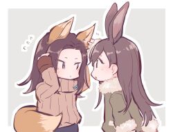 Rule 34 | 2girls, animal ears, bad id, bad twitter id, bang dream!, blush, brown hair, brown sweater, chibi, closed mouth, coat, flying sweatdrops, fox ears, fox tail, fur-trimmed coat, fur trim, green coat, grey background, hanazono tae, hand on another&#039;s ear, hands up, image sample, kemonomimi mode, long hair, long sleeves, looking at another, multiple girls, open mouth, profile, rabbit ears, rabbit tail, shiontaso, sweater, tail, twitter sample, wakana rei