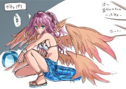 Rule 34 | 1girl, ^^^, ahoge, angel, angel wings, archangel metatron (p&amp;d), bad id, bad pixiv id, ball, beachball, bikini, blue eyes, bracer, feathered wings, full body, highres, isshi pyuma, long hair, multiple wings, navel, open mouth, pink hair, ponytail, puzzle &amp; dragons, sandals, sarong, sketch, solo, squatting, sweatdrop, swimsuit, text focus, towel, translation request, wavy hair, white bikini, wings