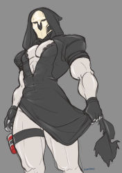 Rule 34 | 1boy, abs, adapted costume, black dress, black gloves, claws, crossdressing, dress, gloves, grey background, hood, kathleen lim, male focus, mask, mouth mask, muscular, overwatch, overwatch 1, pectorals, reaper (overwatch), simple background, skull mask, solo, thighs
