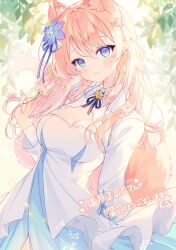 Rule 34 | 1girl, animal ear fluff, animal ears, blonde hair, blue eyes, blue flower, blue ribbon, blush, breasts, cleavage, cleavage cutout, closed mouth, clothing cutout, commission, dress, flower, fox ears, fox tail, hair between eyes, hair flower, hair ornament, hand up, highres, hizuki rurufu, holding, holding flower, indie virtual youtuber, komomo (2899), long hair, long sleeves, looking at viewer, medium breasts, ribbon, signature, skeb commission, smile, solo, tail, white dress, white flower