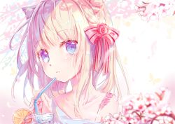 Rule 34 | 1girl, animal ear fluff, animal ears, blonde hair, blue eyes, blue shirt, blush, bow, collarbone, cup, drinking glass, drinking straw, flower, hair bow, hair flower, hair ornament, highres, long hair, looking at viewer, original, peas (peas0125), portrait, red bow, shirt, solo