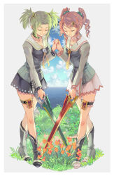 Rule 34 | 2girls, black skirt, boots, breasts, choker, cleavage, closed eyes, crossed swords, detached collar, drill hair, droite (tales), flower, flower ornament, frown, full body, gauche (tales), green hair, grey background, grey shirt, hair flower, hair ornament, hair tie, hairclip, highres, holding, holding hands, holding sword, holding weapon, long sleeves, medium breasts, multiple girls, niku (mikantabetaizoo), orange flower, outdoors, parted bangs, sailor collar, shirt, short twintails, sidelocks, skirt, skull ornament, smile, standing, swept bangs, sword, tales of (series), tales of vesperia, thigh strap, twin drills, twintails, wavy hair, weapon, white sailor collar, white skirt