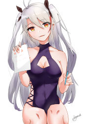 Rule 34 | 1girl, absurdres, artist name, azur lane, bad perspective, bare shoulders, bow, breasts, cleavage, collarbone, covered navel, dress, hair bow, highres, holding, holding paper, holding pencil, larger bmx, long hair, looking at viewer, medium breasts, multicolored hair, open mouth, orange eyes, paper, pencil, prinz eugen (azur lane), purple dress, silver hair, sitting, smile, solo, twintails, white background