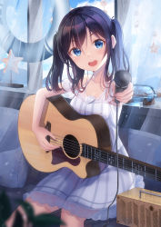 Rule 34 | 1girl, :d, absurdres, bare shoulders, black hair, blue eyes, blurry, blurry foreground, blush, bottle, collarbone, commentary request, depth of field, dress, fingernails, guitar, hair between eyes, head tilt, highres, holding, holding instrument, holding microphone, holmemee, instrument, long hair, microphone, open mouth, original, round teeth, see-through, ship in a bottle, sidelocks, sitting, sleeveless, sleeveless dress, smile, solo, starfish, striped clothes, striped dress, teeth, twintails, upper teeth only, vertical-striped clothes, vertical-striped dress, white dress