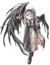 Rule 34 | 00s, 1girl, black wings, boots, cross, cross-laced footwear, dress, from above, lace-up boots, long hair, looking at viewer, raid slash, red eyes, rozen maiden, silver hair, solo, standing, suigintou, wings