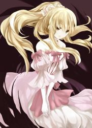 Rule 34 | 00s, 1girl, blonde hair, bow, brown eyes, brown hair, choker, darkness, detached sleeves, dress, elbow gloves, flower, gloves, hair flower, hair ornament, jewelry, lampnote17, long hair, own hands together, pandora hearts, pink dress, ponytail, sharon rainsworth, solo, white gloves
