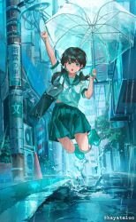 Rule 34 | 1girl, air conditioner, ankle boots, aqua footwear, arm up, bag, barber pole, black hair, black sailor collar, black skirt, boots, building, clenched hand, commentary request, hayateluc, highres, holding, holding umbrella, jumping, lamppost, long hair, low twintails, open mouth, original, outdoors, procreate (medium), rain, road, rubber boots, sailor collar, school bag, school uniform, serafuku, shirt, short sleeves, skirt, solo, street, summer uniform, teeth, traffic cone, translation request, transparent, transparent umbrella, twintails, umbrella, upper teeth only, utility pole, white shirt