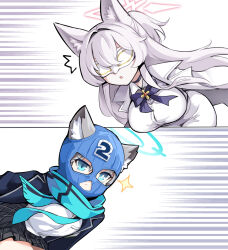 Rule 34 | 2girls, 2koma, akira (blue archive), animal ear fluff, animal ears, balaclava, bent over, black choker, blazer, blue archive, blue eyes, blue necktie, blue scarf, bow, breast pocket, cat ears, cat girl, choker, coat, collared shirt, comic, commentary, english commentary, eye mask, grey hair, hair between eyes, halo, highres, hm (hmongt), jacket, long hair, long sleeves, looking at another, medium hair, mismatched pupils, multiple girls, necktie, numbered, parted lips, phantom thief, plaid, plaid skirt, pleated skirt, pocket, running, scarf, school uniform, shiroko (blue archive), shirt, sidelocks, silent comic, simple background, skirt, sparkle, surprised, white coat, wolf ears, wolf girl