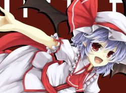 Rule 34 | 1girl, :d, akisome hatsuka, ascot, fang, hat, looking at viewer, mob cap, open mouth, outstretched arms, pointy ears, purple hair, red eyes, remilia scarlet, short hair, smile, solo, spread arms, touhou