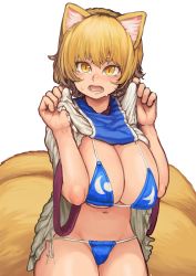 Rule 34 | 1girl, absurdres, animal ears, bikini, blonde hair, breasts squeezed together, breasts, chanta (ayatakaoisii), clothes lift, cowboy shot, dress, dress lift, fox ears, fox tail, highres, huge breasts, micro bikini, multiple tails, navel, open mouth, short hair, simple background, slit pupils, solo, strap gap, swimsuit, tail, touhou, white background, yakumo ran, yellow eyes