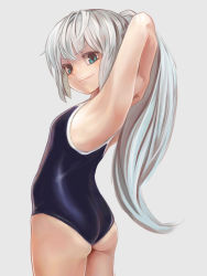 Rule 34 | 1girl, aqua eyes, armpits, arms behind head, arms up, ass, back, blue one-piece swimsuit, competition school swimsuit, konnyaku, konnyaku (kk-monmon), long hair, looking at viewer, looking back, mononobe no futo, one-piece swimsuit, ponytail, school swimsuit, silver hair, skindentation, smile, solo, swimsuit, touhou, very long hair