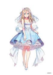 Rule 34 | 1girl, artist name, blonde hair, blue eyes, blue hairband, blush, breasts, bridal veil, cleavage, collarbone, dress, floating hair, full body, girls&#039; frontline, hairband, high heels, highres, layered dress, long hair, milcona, print dress, pumps, see-through, simple background, sleeveless, sleeveless dress, small breasts, smile, snowflake print, solo, standing, striped clothes, striped dress, suomi (girls&#039; frontline), veil, white background
