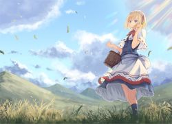 Rule 34 | 1girl, adapted costume, alice margatroid, apron, basket, black socks, blonde hair, blue dress, blue eyes, blue socks, bow, breasts, capelet, closed mouth, cloud, cloudy sky, commentary, day, dress, eyebrows hidden by hair, feet out of frame, field, floating hair, grass, hairband, hands up, hill, holding, holding basket, kneehighs, landscape, leaf, light blush, light rays, lolita hairband, ookashippo, outdoors, picnic basket, red hairband, red neckwear, sash, short hair, sky, small breasts, socks, solo, standing, touhou, white apron, white bow, white capelet, white sash, wind
