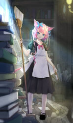 Rule 34 | 1girl, animal ears, apron, back bow, bamboo broom, black dress, black footwear, blue eyes, book, book stack, bookshelf, bow, bowtie, broom, cat ears, cat tail, crumpled paper, dress, drill hair, hair ornament, hairclip, highres, holding, holding broom, holding brush, kearful, light frown, light particles, maid, messy room, multiple bracelets, original, pantyhose, pink bow, pink bowtie, pink hair, rolled up paper, short hair with long locks, side drill, slit pupils, solo, tail, v-shaped eyebrows, white apron, white bow, white pantyhose, window
