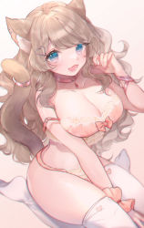 Rule 34 | 1girl, :3, animal ear fluff, animal ears, bare shoulders, between legs, blue eyes, blurry, blurry background, blurry foreground, blush, bow, bow bra, bra, breasts, brown hair, cat ears, cat girl, cat tail, choker, chromatic aberration, cleavage, clothing cutout, collarbone, commentary, depth of field, fingernails, frilled bra, frilled panties, frills, gradient background, hair ornament, hand between legs, hand up, heart, heart choker, heart cutout, heart hair ornament, highres, indie virtual youtuber, jewelry, lace, lace-trimmed bra, lace-trimmed panties, lace trim, large breasts, long hair, looking at viewer, no shoes, open mouth, panties, pendant, pink background, pink bow, pink bra, pink choker, pink panties, pink ribbon, ribbon, sakurai hana, shiguri, single wrist cuff, sitting, skindentation, smile, solo, strap slip, symbol-only commentary, tail, tail raised, thighhighs, underwear, underwear only, very long hair, virtual youtuber, wariza, wavy hair, white background, white thighhighs, wrist cuffs, wrist ribbon