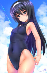 Rule 34 | 1girl, armpits, artist name, black hair, blue eyes, blue one-piece swimsuit, breasts, cloud, cloudy sky, covered erect nipples, from below, girls und panzer, hairband, highres, kamogawa tanuki, long hair, looking at viewer, one-piece swimsuit, reizei mako, school swimsuit, sky, small breasts, solo, swimsuit, thighs, white hairband