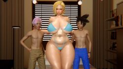 Rule 34 | 1girl, 2boys, 3d, absurdres, age difference, android 18, ass, bikini, black hair, blue bikini, blue pants, breasts, dragon ball, highres, honey select 2, huge ass, huge breasts, indoors, kishunaaa27, looking at viewer, mature female, multiple boys, onee-shota, pants, purple hair, short hair, size difference, son goten, swimsuit, taller female, trunks (dragon ball)