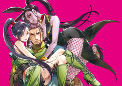 Rule 34 | 1boy, 2girls, animal ears, bare shoulders, beard, black footwear, black hair, boots, breasts, carrying, choker, cleavage, cross-laced footwear, dragon quest, dragon quest xi, dual persona, facial hair, fake animal ears, fishnet legwear, fishnets, girl sandwich, gloves, goatee, green eyes, green footwear, greig (dq11), heart, high heels, high ponytail, knee boots, lace-up boots, large breasts, leotard, long hair, looking at viewer, martina (dq11), multiple girls, pantyhose, parted lips, playboy bunny, ponytail, princess carry, purple eyes, purple hair, rabbit ears, red eyes, sandwiched, simple background, sweatdrop, thigh boots, thighhighs, yoshico 11gure