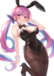 Rule 34 | 1girl, :o, ahoge, alternate costume, animal ears, bare shoulders, black bow, black bowtie, black footwear, black leotard, black pantyhose, blue hair, blue ribbon, blush, bow, bowtie, braid, breasts, colored inner hair, commentary, detached collar, drill hair, fake animal ears, fake tail, french braid, hair ribbon, hand up, high heels, highleg, highleg leotard, hololive, large breasts, leotard, long hair, looking at viewer, minato aqua, multicolored hair, nikoo, pantyhose, parted lips, pink hair, playboy bunny, pumps, purple eyes, rabbit ears, rabbit tail, ribbon, side-tie leotard, simple background, solo, standing, standing on one leg, streaked hair, symbol-only commentary, tail, thighband pantyhose, twin drills, twintails, two-tone hair, very long hair, virtual youtuber, white background, white wrist cuffs, wrist cuffs