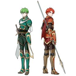 Rule 34 | 2boys, alen (fire emblem), armor, back-to-back, bad id, bad pixiv id, boots, cape, fire emblem, fire emblem: the binding blade, full body, green eyes, green hair, holding, holding weapon, kashiwabooks, lance, lance (fire emblem), looking at viewer, looking back, male focus, multiple boys, nintendo, polearm, red eyes, red hair, sword, weapon