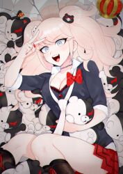Rule 34 | 1girl, :d, arm up, bear hair ornament, bespectacled, black choker, black footwear, black shirt, blonde hair, boots, bow, breasts, choker, cleavage, collarbone, crown, danganronpa: trigger happy havoc, danganronpa (series), enoshima junko, glasses, grey eyes, hair ornament, holding, holding stuffed toy, knee boots, large breasts, long hair, looking at viewer, miniskirt, monokuma, nail polish, necktie, open mouth, red bow, red skirt, shirt, shitappa, sitting, skirt, smile, solo, stuffed toy, twintails, v