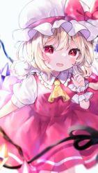 Rule 34 | 1girl, ascot, blonde hair, blouse, blurry, bow, crystal, depth of field, fang, flandre scarlet, hat, hat bow, heart, heart-shaped pupils, highres, holding, laevatein (touhou), looking at viewer, mob cap, pafe yuzuran, red bow, red eyes, red skirt, red vest, shirt, short sleeves, simple background, skirt, solo, symbol-shaped pupils, touhou, vest, white background, white hat, white shirt, wings, wrist cuffs, yellow ascot