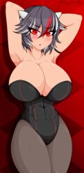 Rule 34 | 1girl, abs, armpits, arms up, black hair, blush, breasts, cleavage, commentary, english commentary, grey horns, highres, horns, huge breasts, kijin seija, large breasts, leotard, looking at viewer, megamoo, mole, mole on breast, mole under mouth, motion lines, multicolored hair, pantyhose, playboy bunny, short hair, solo, streaked hair, thick thighs, thighs, toned, touhou