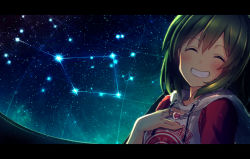 Rule 34 | 10s, 1girl, ^ ^, blush, closed eyes, clothes writing, constellation, diffraction spikes, drawstring, dutch angle, eyes visible through hair, facing viewer, green hair, grin, hair between eyes, hand on own chest, heart, heart necklace, hood, hood down, hoodie, idolmaster, idolmaster million live!, ima (lm ew), jewelry, letterboxed, nagayoshi subaru, necklace, raglan sleeves, sky, smile, solo, sparkle, star (sky), starry sky, upper body