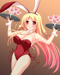 Rule 34 | 1girl, animal ears, blonde hair, breasts, cleavage, detached collar, fake animal ears, fishnet pantyhose, fishnets, long hair, original, pantyhose, playboy bunny, rabbit ears, red eyes, solo, tray, umitsubame, wrist cuffs