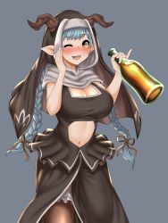 Rule 34 | 10s, 1girl, ;d, blue hair, blush, bottle, braid, breasts, cleavage, clothing cutout, draph, drunk, female focus, granblue fantasy, habit, hakuduki18, hand on own cheek, hand on own face, highres, horns, large breasts, long hair, looking at viewer, navel, navel cutout, nun, one eye closed, open mouth, pantyhose, pinky out, pointy ears, rumredda, smile, solo, twin braids