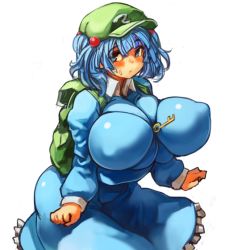 Rule 34 | 1girl, alternate breast size, backpack, bag, before and after, blue eyes, blue hair, breasts, female focus, hair bobbles, hair ornament, huge breasts, kawashiro nitori, key, looking at viewer, matching hair/eyes, perky breasts, sachito, solo, touhou, twintails, two side up