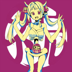 Rule 34 | 1girl, bare shoulders, camisole, daruma doll, fangs, hand in own hair, horns, long hair, looking at viewer, monochrome, open mouth, original, pink background, pochi (pochi-goya), pointy ears, purple background, simple background, skeleton, spaghetti strap, standing, teeth, twintails, very long hair