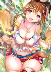 Rule 34 | 1girl, :d, absurdres, atelier (series), atelier ryza, atelier ryza 1, belt, breasts, brown eyes, brown gloves, brown hair, cleavage, collarbone, commentary request, forest, gloves, grass, hair ornament, hairclip, hat, highres, jewelry, large breasts, looking at viewer, nature, navel, necklace, ogata tei, open mouth, red shorts, reisalin stout, short hair, short shorts, shorts, smile, solo, star (symbol), star necklace, test tube, thigh gap, thighhighs, thighs, tree, white hat, white thighhighs